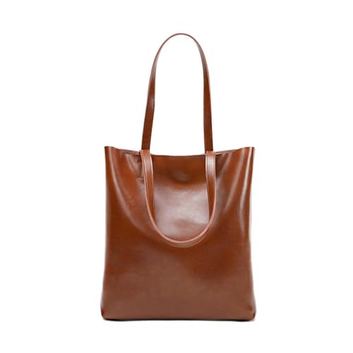 Vintage Large Capacity Waxed Cowhide Vertical Shoulder Tote Bag | Premium Genuine Leather Versatile High-end Handbag