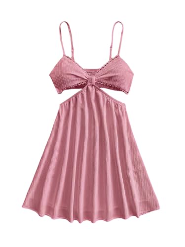 Image of OYOANGLE Women's Cut Out Smocked Sundress Backless Ruffle A Line Cami Dress | Country Concert Dress, Sun Dress, Sunmer Dresses, Ceach Dress, Flowy Mini Dress, Cutout Sundress
