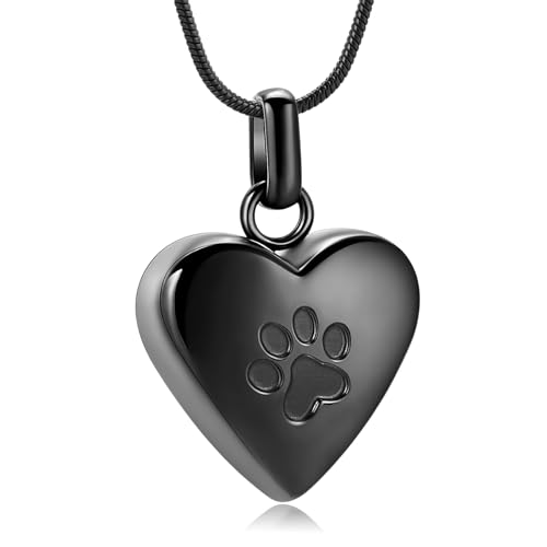 VCCWYQK Collana con urna a forma di cuore per ceneri per cani con stampa di zampa di cane, per gioielli commemorativi per animali domestici (Nero)