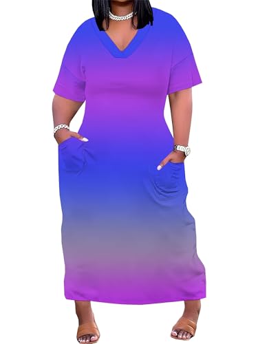 Image of Plus Size Maxi Tshirt Dress for Curvy Women Oversize Summer Outfits Dresses Sundresses with Pocket Blue 3XL