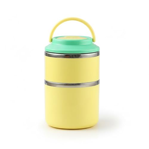 Image of House of Quirk 2 Layer 304 Stainless Steel Round Lunch Box for Office, Portable Multi-Layer Lunch Bucket, Large Capacity Leak-Proof Food Container with Rice Storage (Yellow)