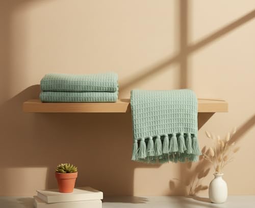 Image of Furnistitchs Bohemian Cotton Sofa Throw Blanket 50x60 inches | Waffle Knit & Chevron Pattern with Fringes | Aesthetic Decorative Couch Throw for Living Room & Bedroom (Green Pistachio)