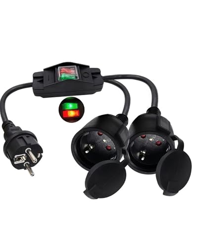 Doppelstecker für Steckdose Doppelsteckdose Außen mit Einzelschalter wasserdichte Kabel Steckdose Schwarz(AC-2 Plug-KG-EU-Black)