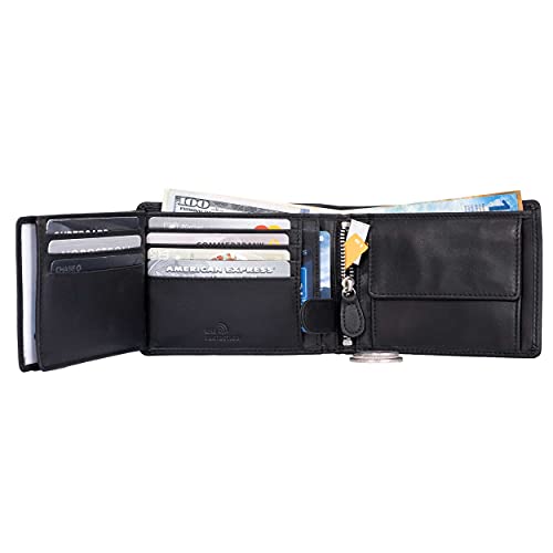 Image of DiLoro Mens Large Leather Bifold Wallet Flip ID Zipper Coin Compartment | Large capacity mens bifold wallet featuring dual flip ID windows, a coin pocket, and a YKK zippered compartment