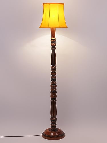 Image of Cylindrical Drum Floor Lamp with Wooden Base - Height 57 Inches, Yellow | Modern Standing Lamp for Home, Living Room, Bedroom & Office | Elegant Lighting Decor | Cotton