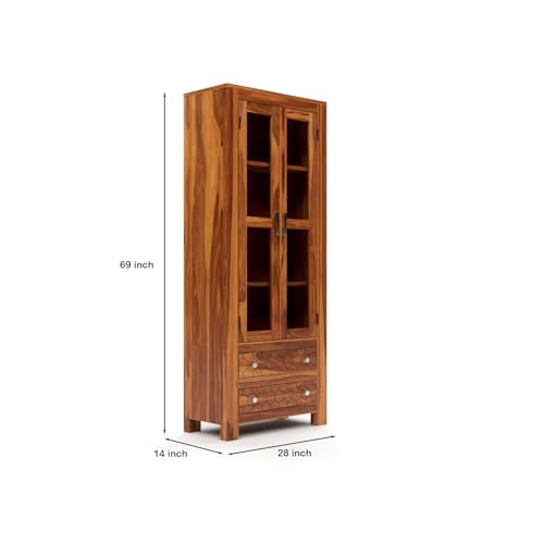 Image of Sheesham Wood Bookcases with 4 Shelves 2 Drawer - Wooden Kitchen Crockery Cabinet for Dining Room Kitchen with Glass Door Book Shelf Wooden Rack for Living Room (James Honey)