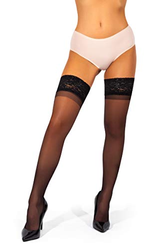 sofsy Lace Sheer Thigh-High Stockings/Pantyhose w/Hold-Up Silicone - 15 Denier [Made in Italy] - Black - 2 - Small