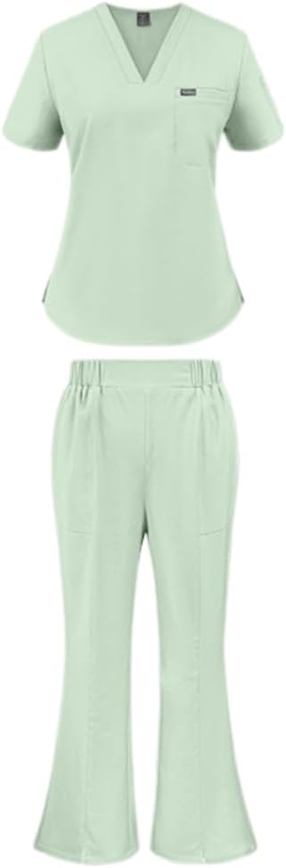 Scrub Set Doctor Nurse Workwear V-Neck Short Sleeve Top & Long Pants Set