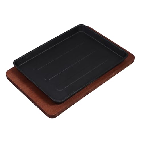 Cabilock Sartén de Hierro Fundido para Fajitas Resistente y Cuadrada con Bandeja de Madera para Barbacoa Freír y Teppanyaki Cocina y Restaurante