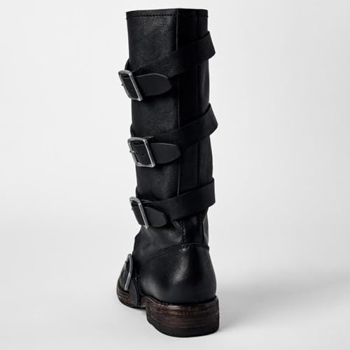 YIYA Women's Motorcycle Buckle Knee High Boots Round Toe Chunky Low Heels Riding Biker Gothic Combat Boots Pull On3