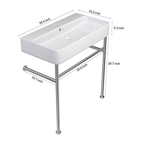 White Console Sink Vessel - Sarlai 35 Inch Console Sink White Ceramic Bathroom Vanity Sink Basin With Silver Chrome Steel Pedestal Leg #TOP6
