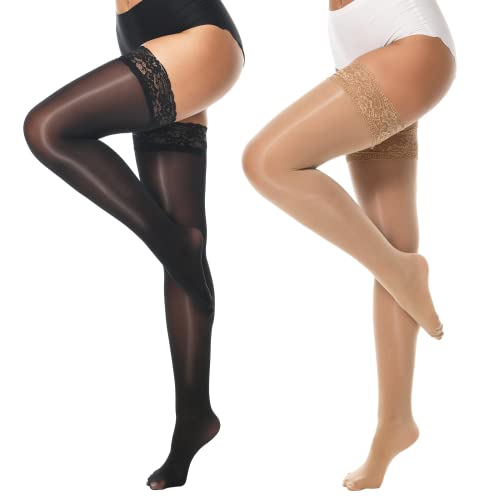 MANZI Shiny Thigh High Stockings Sexy Lace Top Stay Up Silky Sheer Stocking Shimmery Tights for Women 2 Pairs Pack