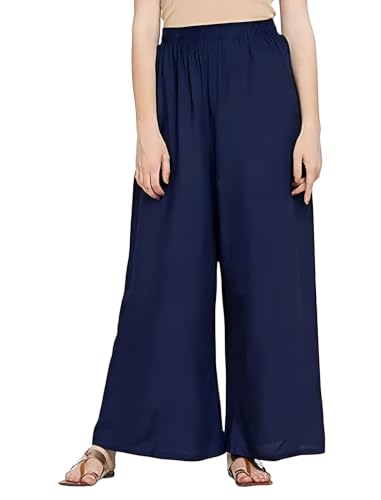 Image of FASHION GALLERY Women's Solid Rayon Palazzo Pants | Relaxed Fit Full Length Wide Leg Palazzo | Elastic Waist Comfortable Casual Lounge Office Ethnic Flared Trousers for Women