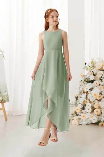 Asymmetrical Junior Bridesmaid Dresses Pleated Chiffon Flower Girl Dress Scoop Neck Formal Wedding Birthday Party Gown4