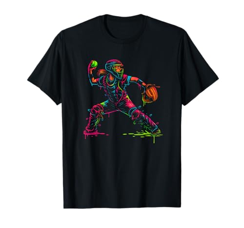 Softball Catcher Colorful Drip Effect Athletic Player Art T-Shirt
