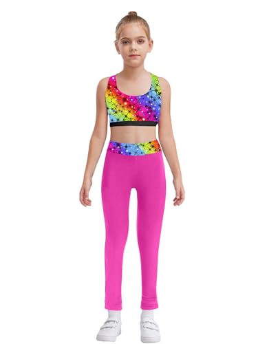 Aiihoo Traje deportivo para niña, chándal de dos piezas, sujetador deportivo para niños, con estampado disponible y leggings deportivos, Rosa intenso., 134-140