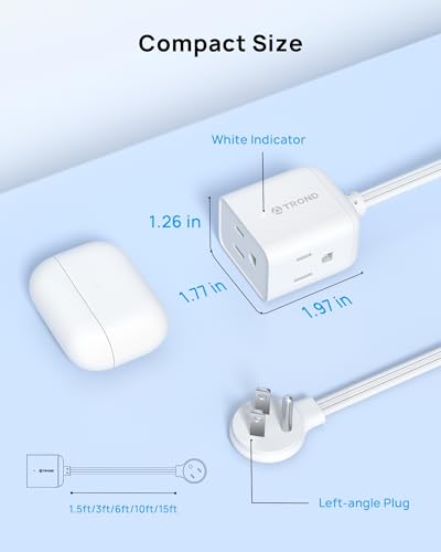 Image of TROND Flat Extension Cord 8 ft - Left Angled Flat Plug Power Strip, ETL Listed, 3 Plug Extension Outlets, Three Prong, SPT 16 /3 Gauge, 13A, Small for Indoor Home Office Cruise Ship Travel, White