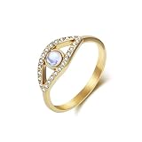 Musihy Anillo fino de acero inoxidable de 8 mm con forma de ojo con piedra lunar y circonita cúbica para mujer, dorado, talla X 1/2