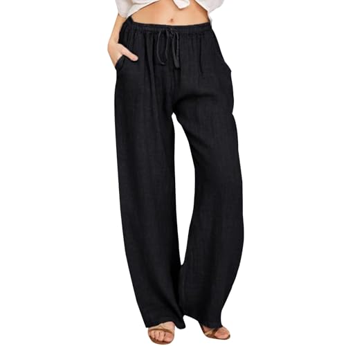 Womens Pants Summer Polyester Cotton Wide Leg Casual Loose Drawstring High Waist Palazzo Pants Trousers with Pockets