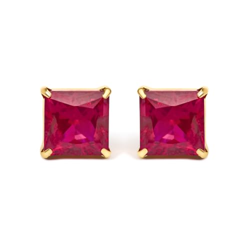 18K Yellow Gold 7x7 MM Created Red Ruby Princess Cut Solitaire Stud Earrings