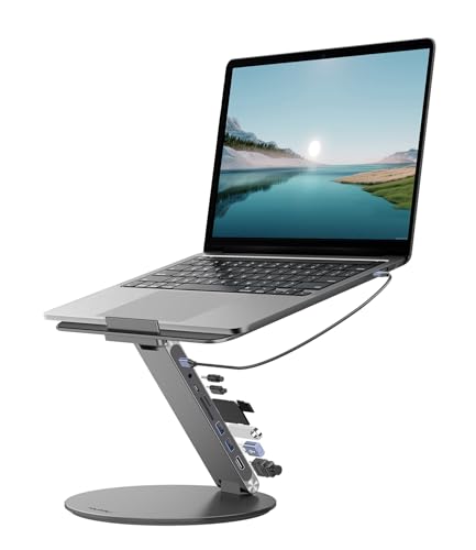 KU XIU Adjustable Laptop Stand with 8 in 1 USB C Hub, Foldable Portable Computer Notebook Stand with 360 Rotating Base, Riser Holder Mount for All 10-17" Laptops
