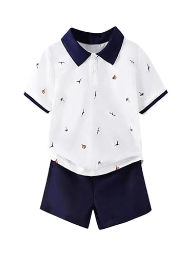 Image of WDIRARA Boy's 2 Piece Outfits Printed Button Front Short Sleeve Collar Tee Top and Shorts Set White 6Y