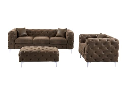 Vente-unique Chesterfield Sofa-Set, Mikrofaser, Braun, 220 cm x 91 cm x 76 cm, 3er Set (Sofa, Sessel, Hocker), Vintage-Leder-Optik, Edwina – Bild 4