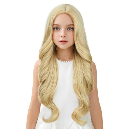 Image of Girls Light Blonde Wig Kids Long Mixed Blonde Wavy Curly Wig Girls Middle Part Wigs Heat Resistant Synthetic Wigs with Cap