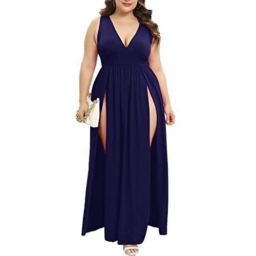 Image of SILUI Women's Summer 2026 Sexy Double High Slit Deep V Neck Plus Size Sundresses Thigh Split Maxi Club Party Dresses