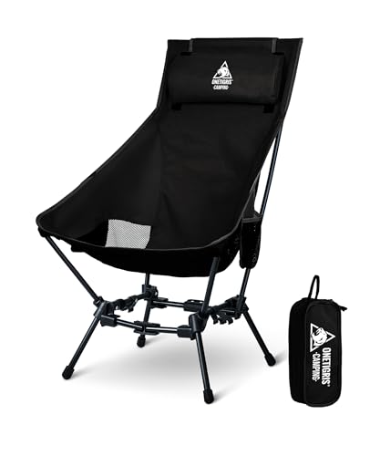 OneTigris DRAGONHIDE Campingstuhl Hochlehner faltbar 125 kg, Klappstuhl Camping leicht, Angelstuhl klappbar mit 2 Seitentaschen, Faltstuhl Ultraleicht für Outdoor, Wandern(Schwarz)