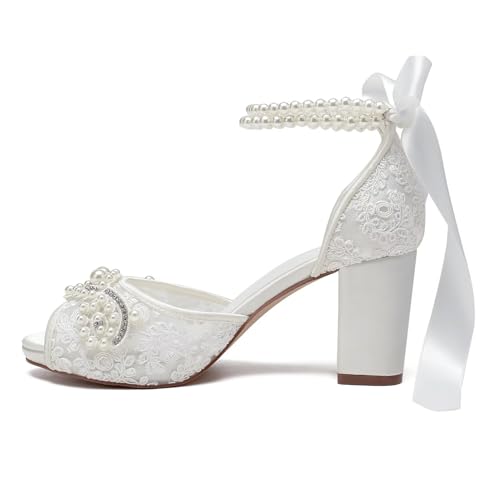 Image of Lace Pearl Wedding Shoes for Bride High Heel Bridal Shoes Peep Toe Platform Wedding Heels