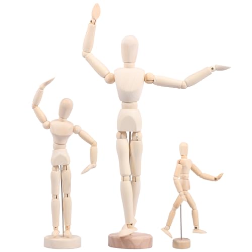 AwObEpl Artist Mannequin Wooden Figure, 12 inch Flexible Joints Human Body Model, 3 Pack with Display Stand for Drawing, Sketching, Art Studio, Desktop Decoration, Home Office Décor