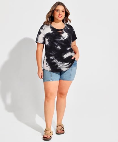 Image of CARCOS Plus Size Tops for Women Short Sleeve Shirts Basic Tee Solid Color Blouse V Neck Tunic Loose Fit Tshirts Summer XL-5XL