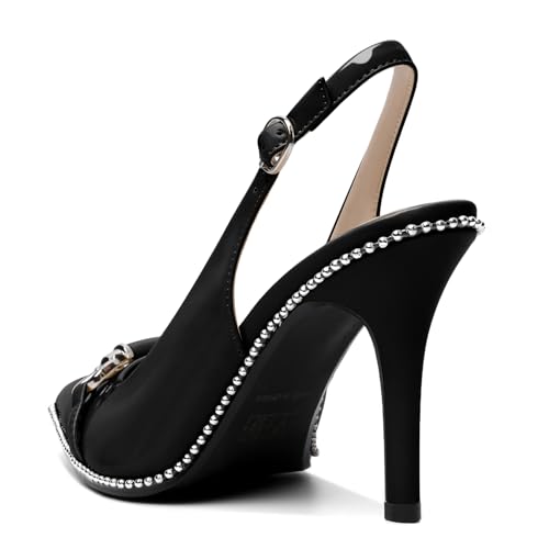 AUMOTED Women's Slingback Heels Beaded Pumps Sling Back High Heel Stilettos Heels Pointed Toe Shoes Dressy Shoes Patent US Size 11 Black 6