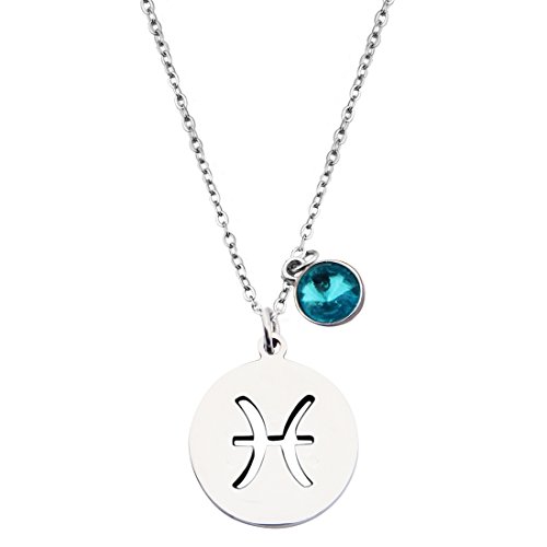 KUIYAI Stainless Steel Zodiac Sign and Birthstone Charm Necklace Bracelet (March-Pisces Necklace)