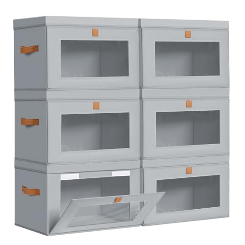 Image of DIMJ Storage Bins with Lids - 6 Pack Large Fabric Closet Organizer with Window & Handles, Collapsible Decorative Storage Boxes for Shelves Under Bed, Books Clothes Blankets Sweaters Organization