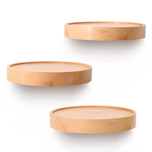 AceList - Lot de 3 étagères murales rondes - En bois de hêtre - Jaune clair