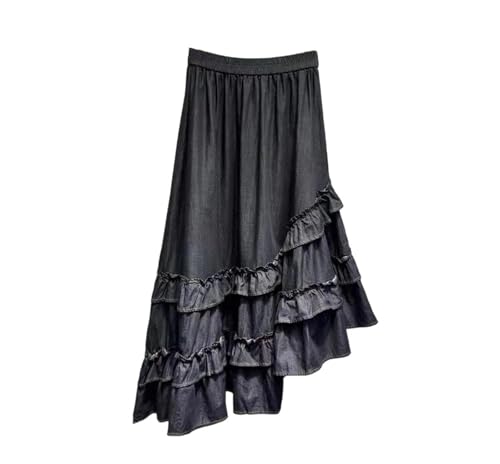 Women's High Waist Denim A Line Long Skirt Slim Fit Asymmetrical Hem with Cascading Ruffles Chic Fashion Streetwear Skirt