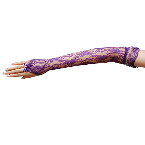 ZaZa Bridal Flower Pattern Fingerless Lace Gloves with Elastic Ruffle Trim-Purple
