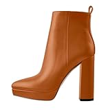 Only maker Women’s Chunky Heel Platform Ankle Boots – Classic High Heel Booties with Side Zipper for Fall, Winter, and Everyday Outfits PU Brown Size 14