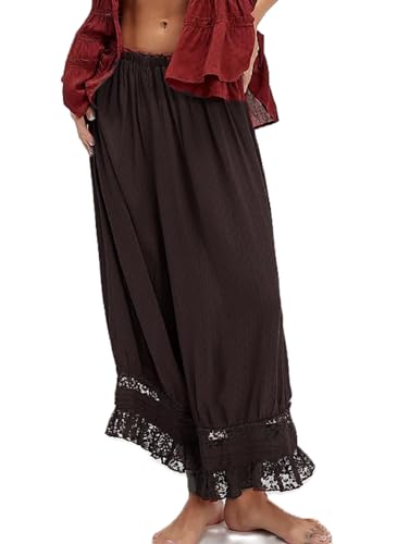 Image of UAURORAO Women Lace Trim Long Bloomers Elastic Mid Rise Ruffle Pantaloons Cropped Flared Slips Pants Pajama Bottoms