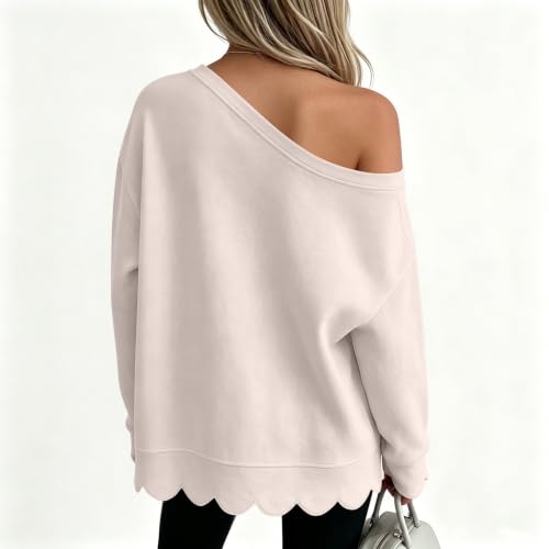 Off Shoulder Sweatshirt for Women Cotton Scalloped Hem Fashion Sweat Shirt - image 5