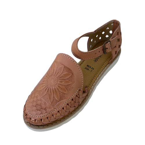 Macarena Collection Sandals women Huarache Sandal Colorful Leather Mexican Style Color Tan Sunflower die cut 0402