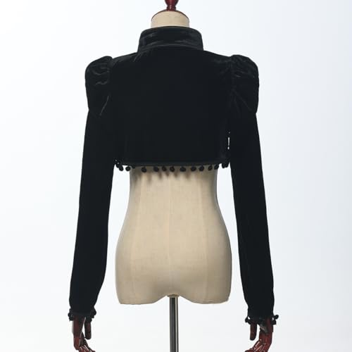 Chaqueta victoriana de terciopelo negro de alta costura con pompones y cuello mandarín 5