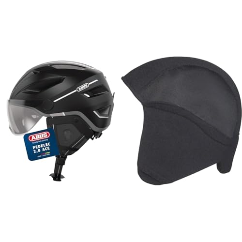 ABUS Stadthelm Pedelec 2.0 ACE - Fahrradhelm mit Rücklicht, Visier, Regenhaube, Ohrenschutz - für Damen und Herren - Schwarz Matt, Größe L & Winter Kit Fahrradhelm, Schwarz (Black), L