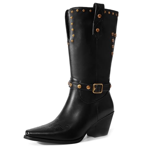 Womens Cowboy Cowgirl Boots Wide Mid Calf Square Toe Riding Boots Block Chunky Heel Low Heel Distressed Studded Boots