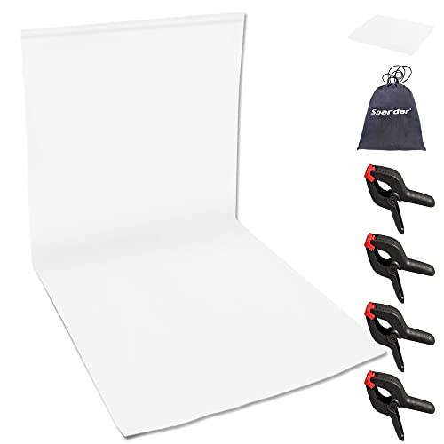 Spardar Foto Hintergrund, 2M X 3M Weiß Fotostudio Hintergrund mit 4 Klemmen, Faltbarer Fotohintergrund für Fotos, Video und Fernsehen Aufnehmen