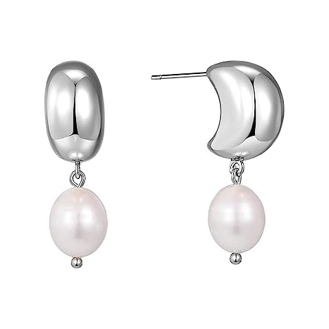XYJZXY Silver Pearl Drop Earrings for Women Freshwater Pearl Dangle Earrings Chunky Hoop Earrings Wedding Pearl Jewelry Cover