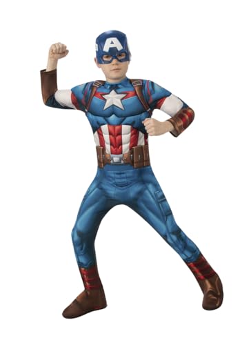 Rubies Fato de Capitão América Clássico para crianças, macacão com detalhes impressos, botas cobertas e máscara, oficial Marvel para Carnaval, Halloween, Natal e aniversário
