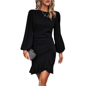 Dresses for Women UK Elegant Cocktail Dresses Long Puff Sleeve Bodycon Ruffle Hem Ladies Evening Party Formal Business Dress